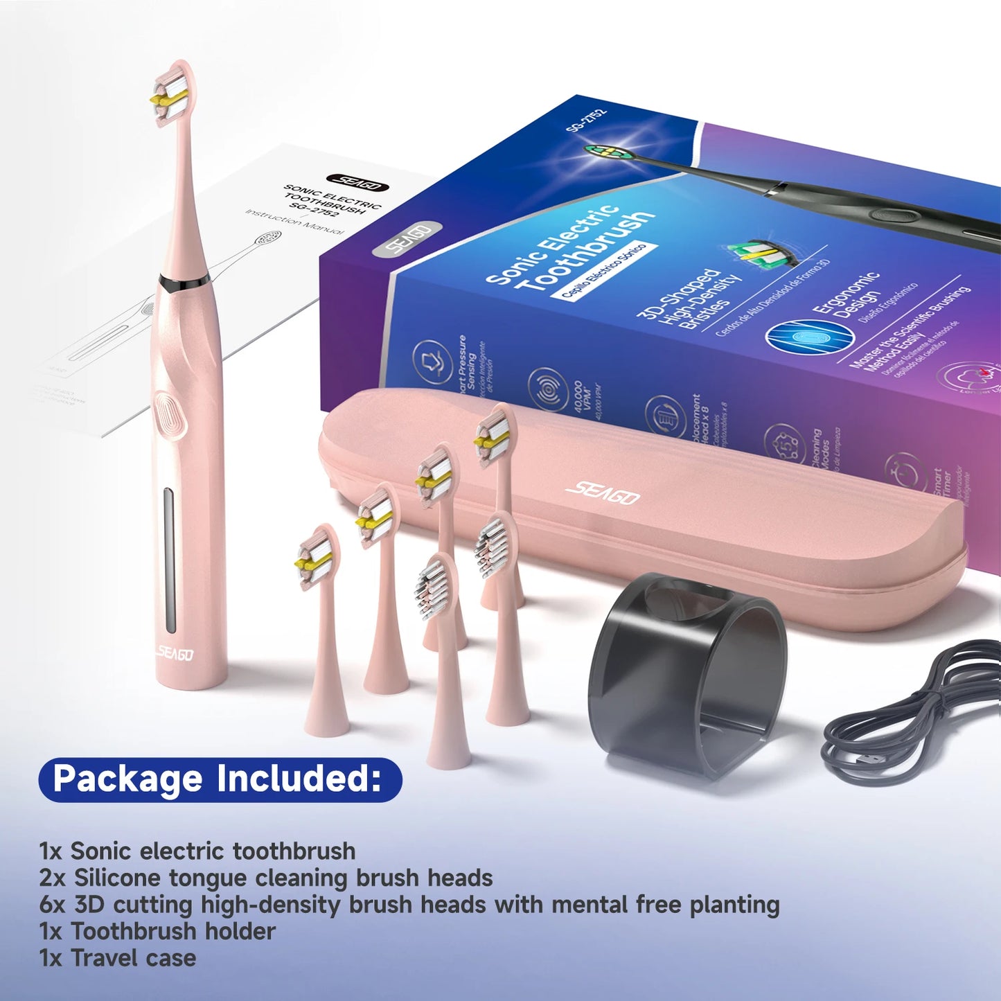 Sonic Toothbrush Electric Toothbrush Touch Control Seamless Button Pressure Sensor with Travel Box Replaceable Brush Head